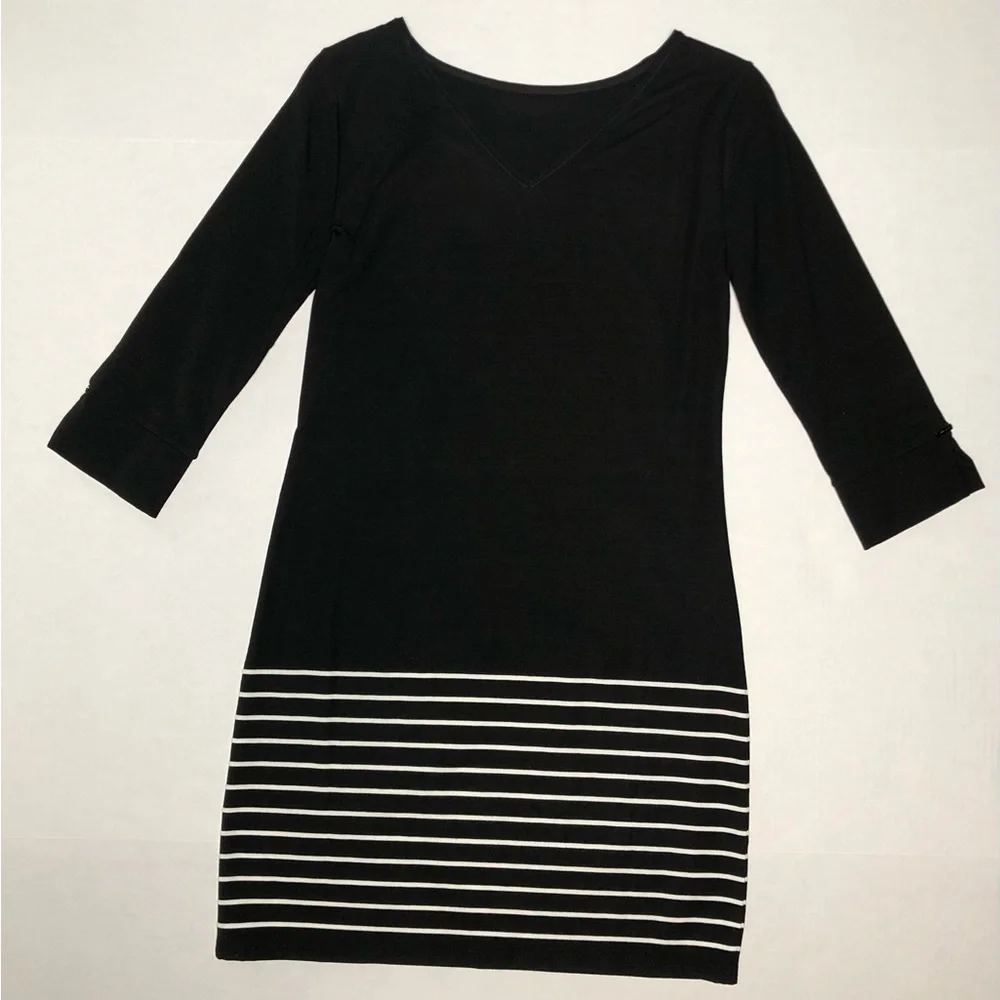 ⭐️NEW⭐️White House Black Market (WHBM) Black 3/4 Sleeve Pullover Stripe Dress - Picture 4 of 9